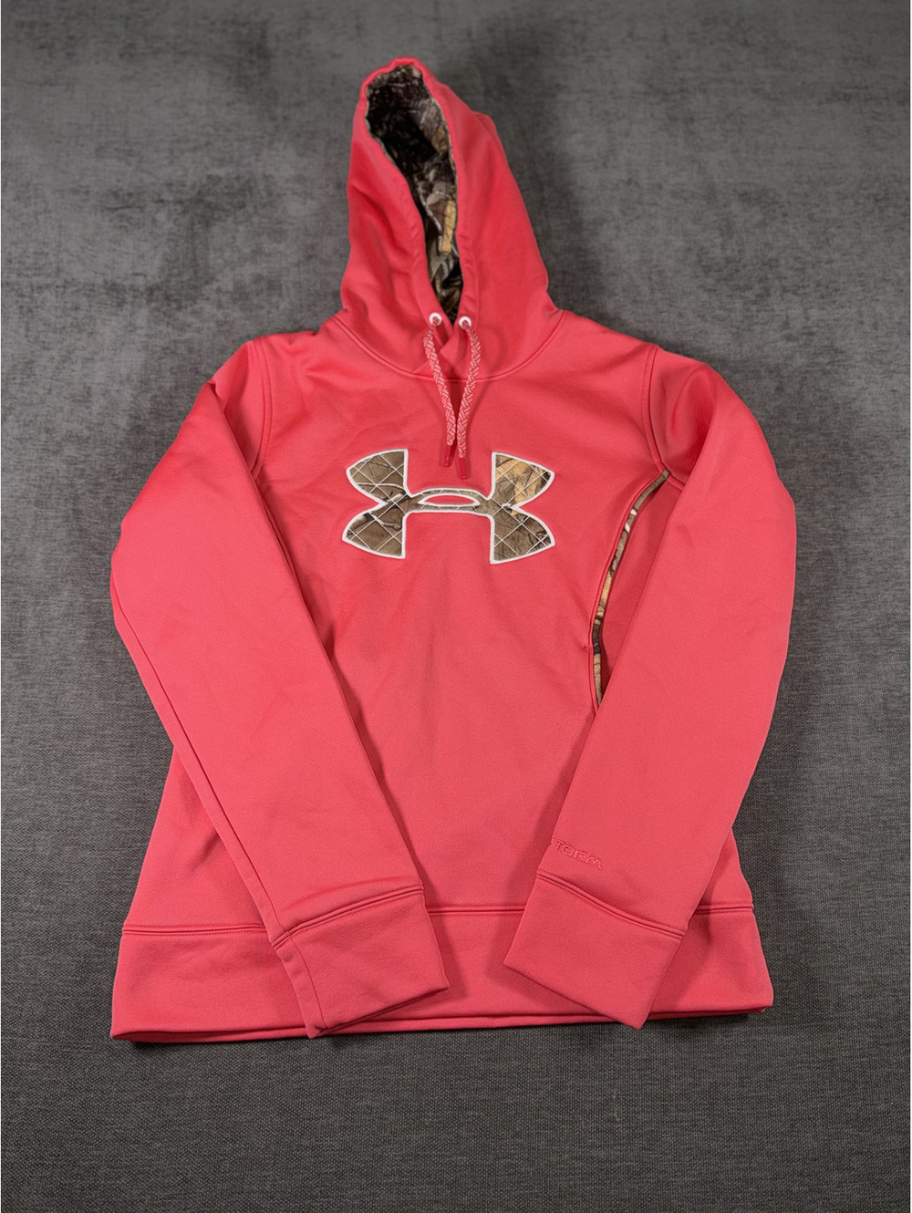 Under Armour Pink Hoodie with Camo Logo and Hood Lining, Size Small